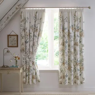 Dreams & Drapes Vorhänge mit Gartenblumen, Schmetterlingen und Vögeln, B 66 x L 72 cm, 2 Paneele mit Bleistiftfalten, Vintage-Vorhänge und Vorhänge für Schlafzimmer/Wohnzimmer, Salbeigrün