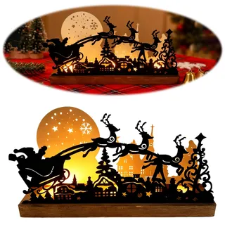 Advent Kerzenhalter aus Metall und Holz - Lasergravierte Teelichthalter mit Weihnachtsbaum, Schlitten und Haus, Stimmungsvolle Weihnachten Tischdekoration, 32×8×16 cm