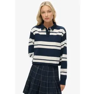 Superdry für Damen. W6012175A Gestreiftes Poloshirt Rugby navy (XS), Lässig, Baumwolle, Langarm, Marine