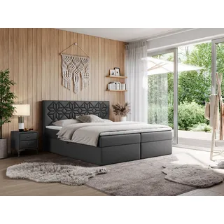 MKS Meble Boxspringbett 140x200 mit Matratze H4 und Bettkasten, Doppelbett Bett mit Stauraum und Topper, Polsterbett 140x200 mit Kopfteil - Leila - Dunkelgrau Kunstleder - H4 - Grau