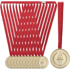 Relaxdays Goldmedaille Kinder, 12er Set, Ø 5 cm, Plastik, mit Band, Medaillenset Kindergeburtstag, Auszeichnung, Gold