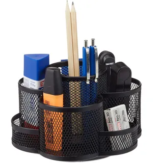 Relaxdays Stiftehalter, Metallgeflecht, 7 Fächer, drehbar, rund, kompakt, für Büro, Stiftebox f. Pinsel, Schere, schwarz