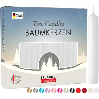 BRUBAKER Baumkerzen Wachs - Weihnachtskerzen für Weihnachtspyramiden und Schwibbögen - Pyramidenkerzen Christbaumkerzen, 20 Stück, Weiß - Weiß