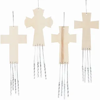 Baker Ross Kreuz Windspiel aus Holz - 4er Pack, Musikalisches Windspiel mit Metalglocken Bastelset für Kinder zum Anmalen und Dekorieren (FC536)