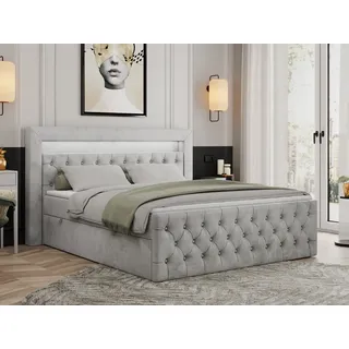 MKS Meble Boxspringbett 200x200 mit Led, Polsterbett 200x200 mit LED Kopfteil - Multipocket-Matratze H4 - Doppelbett mit Bettkasten Stauraumbet - GOLD-9 - 200x200cm - Velvet - Hellgrau - H4 - Grau