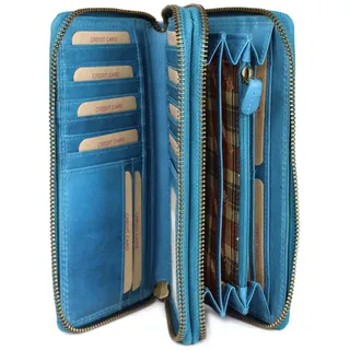 Hochwertige XXL Vintage Leder Damen Geldbörse Portemonnaie langes Portmonee Geldbeutel Organizer aus weichem Leder mit extra vielen Fächern inkl. RFID in hellblau - 20x11x3,5cm (B x H x T)