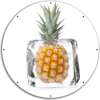 Wallario rundes Outdoor-Poster für Garten oder Balkon, Motiv Ananas in Eiswürfel - Eiskaltes Obst, 60 cm Durchmesser - Weiß