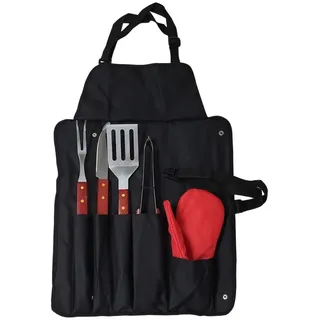 6-tlg Grillbesteck-Set Edelstahl BBQ Set mit Grillschürze Handschuh Zange Wender