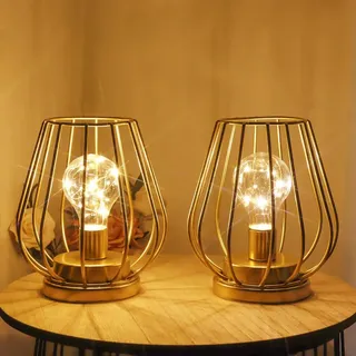 TRIROCKS 2 Set Modern Metall Batteriebetriebene Lampe 17 cm Groß Kleine Schnurlose Tischlampe Batterie Laternen mit Warmen Lichtern Birne für Patio Garten Hochzeit Parteien Innen Außen (Golden)