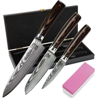 ZEUß Damastmesser Set 3er (32, 24 und 20 cm) TÜV geprüfter 62 HRC Damaststahl aus 67 Lagen I Damast Küchenmesser Set mit Chefmesser Santokumesser Schleifstein Holzgriff Klingenschutz & Geschenkbox