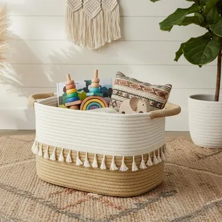 TeoKJ Aufbewahrungskorb, Korb geflochten mit Henkeln, vielseitiger Korb Aufbewahrung für Wäsche, Decken & Spielzeug, dekorativer Basket für Wohnzimmer, Schlafzimmer, Bad & Kinderzimmer Weiß&Jute