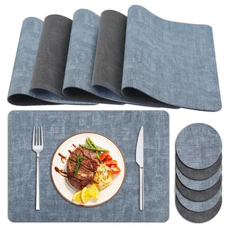 Tischsets Abwaschbar und Untersetzer, Zweifarbig Platzsets Abwaschbar Lederoptik Fleckabweisend Platzdeckchen Abwischbar mit Untersetzer Waschbar (Grau Blau, 6er Set)