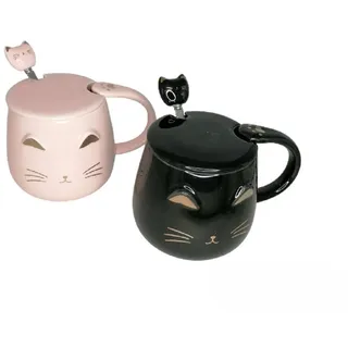 lachineuse - Set mit 2 Kawaii-Tassen, 450 ml, Katzentasse mit Deckel und Löffel – Farbe: Rosa und Schwarz – Porzellan – Teetasse, Kaffee, Original, japanische Geschenkidee
