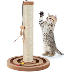 Relaxdays Kratzsäule für Katzen, HxD 45 x 30 cm, Kratzstamm interaktiv, Sisalstamm & Spielzeug, Kratzbaum Wohnung, braun