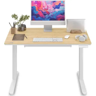 SENSE7 NEWAI Höhenverstellbarer Computertisch Gamingtisch Schreibtisch Bambus Tischplatte 120 x 60 cm Stufenlos Verstellbar Schublade Kopfhörerhaken - Weiß