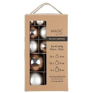 MAGIC by Inge - 42er Set Weihnachtskugeln aus gefrostetem Silber Ø 4 cm, 6 cm und 8 cm, Christbaumschmuck aus Glas