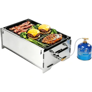 GFTIME Tragbarer gasgrill, Camping grill, Gas & Holzkohlebetrieb Inkl. Gusseisen Grillplatte,Tragetasche, Mobiler Klein grill, Perfekt für Camping, Garten, Balkon, Outdoor,Vierkant-Edelstahl grill
