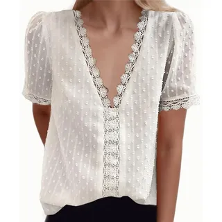Damen Bluse Weiß Boho Spitze Oversize T-Shirt Tops Elegant Frühling Sommer V-Ausschnitt Kurzarm Oberteile Tunika