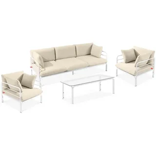 Konsimo Gartenmöbelset RAMBE 4-tlg. 1x Tisch 2x Sessel 1x Sofa 3-Sitzer, mit Auflage, Stahlrahmen, LOFT-STIL, Weiß/Cremeweiß - Creme
