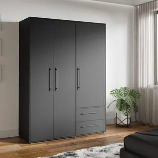 Forte Jupiter Kleiderschrank 140 150, 3-türiger Drehtürenschrank mit 2 Schubladen, Einlegeböden, Kleiderstange, Holzwerkstoff, Schwarz Matt, 144,4 cm breit, 200,1 cm hoch, 58,8 cm tief