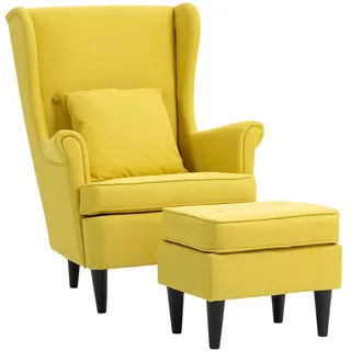 Homcom Ohrensessel-Mit-Hocker 2er Set Polyester Schaumstoff Gelb , Holz , Füllung: Schaumstoff,Schaumstoff , 75x104x83 cm , Wohnzimmer, Sessel, Relaxsessel