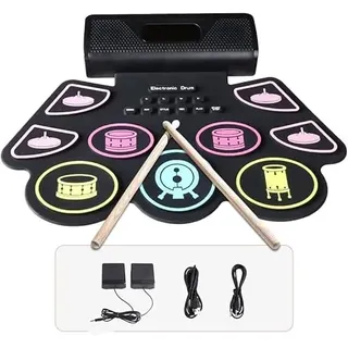 Schlagzeug Elektronisch with 9 Pads, Coolmusic Tragbares Roll-Up-Drum-Pad, E-Drum-Kit, integrierte Dual-Stereo-Lautsprecher, E-Drum für Anfänger black