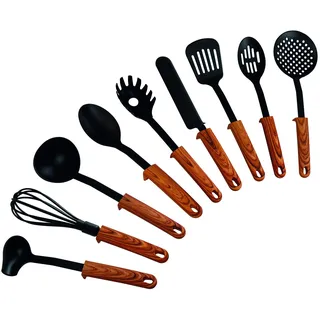 STONELINE Back to Nature 9-teiliges Nylon Küchenhelfer Set mit praktischer Stütze, Hitzebeständige Küchenutensilien für Antihaft Pfanne Topf, Küchenzubehör integrierte Küchenhelferablage, Holzoptik