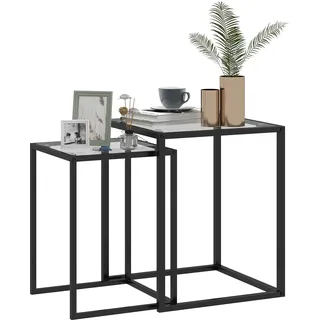 Homcom 2er Set Beistelltisch stapelbarer Nachttisch Couchtisch mit Beinen aus Stahl, modern Wohnzimmertisch mit Tischplatte aus verstärktem Glas Kaffeetisch für Wohnzimmer Schlafzimmer Schwarz