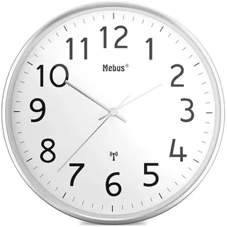 MEBUS Moderne Funk-Wanduhr 30,0 cm 52680 silber/weiß