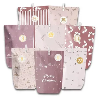 Adventskalender Tüten Set 28 Stück Rosa Papier mit Zahlenstickern, Holzklammern und Juteschnur