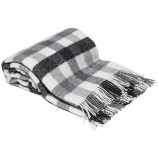 Drobė HOME Wolldecke aus 100% Reine Neuseeländischer Wolle, 140x200cm, Grau/Weiß/Dunkelgrau I Weicher, Karierte Plaid Decke aus Schurwolle mit Fransen I Perfekt als Überwurf Sofadecke, Tagesdecke