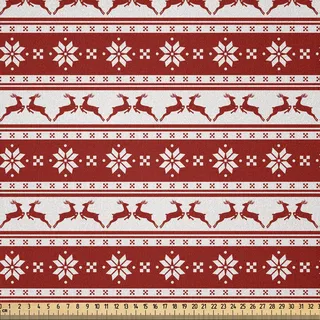 ABAKUHAUS Weihnachten Microfaser Stoff als Meterware , Norwegische skandinavische traditionelle Weinlese-Art-Grenze-Ren-gestreifte Blume, 5 M (230 x 500 cm), Weiß Rot - Rot