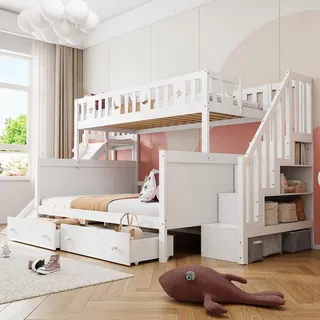 Fortuna Lai Kinderbett 90*200/140*200 cm, Massivholz-Etagenbett mit Rutsche und Regal mit Sicherheitsstufen, zwei großen Schubladen und Lattenrost, weiß - Weiß