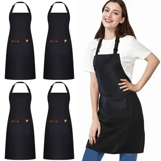 umboom 4 Stück Schwarze Wasserdichte Schürze, Verstellbare Kochschürze mit 2 Taschen für Männer Frauen, Kellner Arbeitsschürze für Küche Restaurant Garten Bistro Malen Backen (Wasserabweisend)