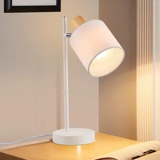ZMH Tischlampe Holz Nachttischlampe Vintage - 35.5cm E14 Tischleuchte Weiß Stoffschirm mit Schalter Kabel und Stecker Retro Stoff Wohnzimmerlampe Drehbar für Wohnzimmer Büro (ohne Leuchtmittel) - Weiß