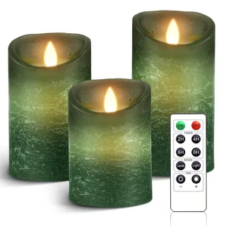 AnnSpa 3 Set Grün LED Kerzen Batteriebetriebene mit Fernbedienung,Flammenlose Echtes Wachs Flackern Moving Wick Flackern Amber Yellow Light Pillar Candles,Unscented Wachs für Geschenk/Dekoration