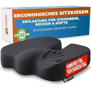 5 STARS UNITED Memory-Foam Sitzkissen – Ergonomisches Steißbeinkissen, Ischias- & Rückenschmerzlinderung, rutschfest, Tragbar, Waschbarer Bezug – Schwarz