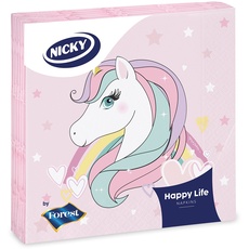 Nicky Happy Life - 20 Servietten mit 3 Schleiern, Einhorn-Muster, Fröhlich und dekoriert, 100% reine Zellulose, FSC®-zertifiziert