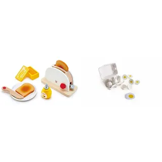 Hape Pop-up-Toaster-Set| Küchen-Fantasiespiel mit Frühstückszubehör für Kinder Eierkarton 3 Spiegeleier, Realistisches Lernspielzeug für Kinder ab DREI Jahren aus Holz