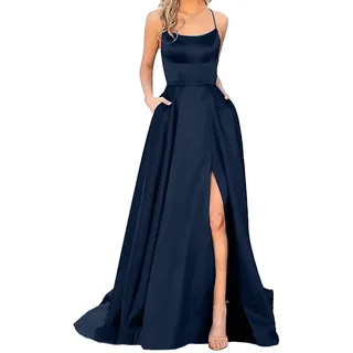 Damen Abendkleid Lang mit Schlitz - Satin Ballkleid Elegant Neckholder Kleider mit Taschen A-Linien Rückenfreies Spaghetti Sexy Abendkleider Lange Hochzeitskleid Brautjungfernkleider Party Kleid