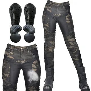 SHUOJIA Damen Motorradjeans mit Camouflage-Denim-Hose mit atmungsaktivem Mesh und abnehmbaren Hüft- und Knieprotektoren Sommer (Green,L)