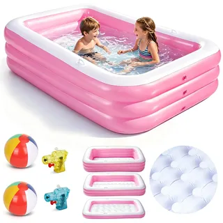 Beeoecm Planschbecken für Kinder, Aufblasbarer Planschbecken Rechteckig mit 2 Beachball und 2 Mini-Wasserpistole, Verdickter Swimmingpool Kinder für Garten, Outdoor, Sommer-Wasserpartys (Rosa)