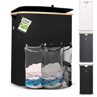 Hennez Wäschebox 150L - Wäschekorb 3 Fächer - mit Deckel - Wäschesortierer mit Wäschesack - Laundry Baskets - schwarz Bambus - Wäschetonne - Wäsche Sortiersystem - Wäschesammler
