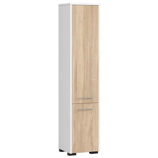 akord furniture factory Akord Badezimmer-Hochschrank 2-Türig Weiß/Sonoma-Eiche 30x30x140 cm - Weiß, Hellbraun