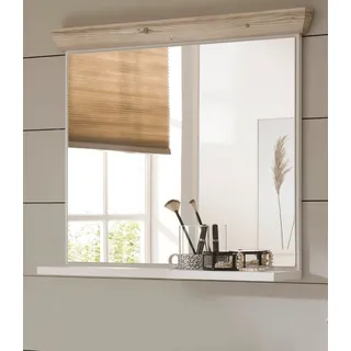 Badezimmer Spiegel "Rovola" Pinie weiß / Oslo Pinie Landhaus Badspiegel mit Ablage - Weiß, Naturbelassen