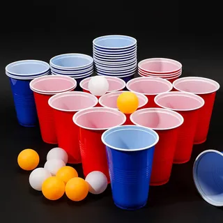 WANGZAIZAI 50+5 Premium Beer Pong Becher, Bierpong Becher Set | 25 rote+ 25 Blaue Becher +5 gelborangene Bälle,Wiederverwendbar
