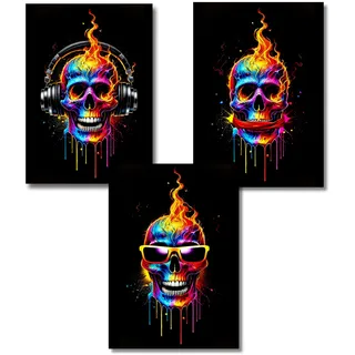 3-teiliges Poster-Set DIN A2 | Totenköpfe inspiriert von den 3 Affen (Nichts sehen, nichts hören, nichts sagen) | Bunte Flammen, Neonfarben | Wanddeko für Wohnzimmer, Büro & Gaming-Room