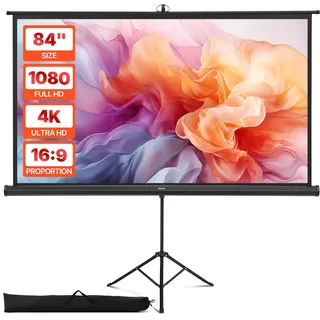 Vevor Projektionsleinwand Stativleinwand (84 Zoll) mit 160° Weitwinkel, Beamerleinwand für Projektor innen & außen 16:9 4K HD, tragbare Filmleinwand mit Tragetasche für Heimkino Präsentation