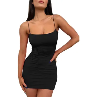 LILLUSORY Minikleid Sexy Bodycon Kleid 2024 Sommer Kurz Rückenfrei Spaghettiträger Enge Kleider Party Club Kleid, Schwarz, Mittel