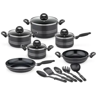 GSW Milano Nero Topf-Set 15-tlg. Kochtopf + Servierpfanne + Kasserolle + Bratpfanne + Glasdeckel